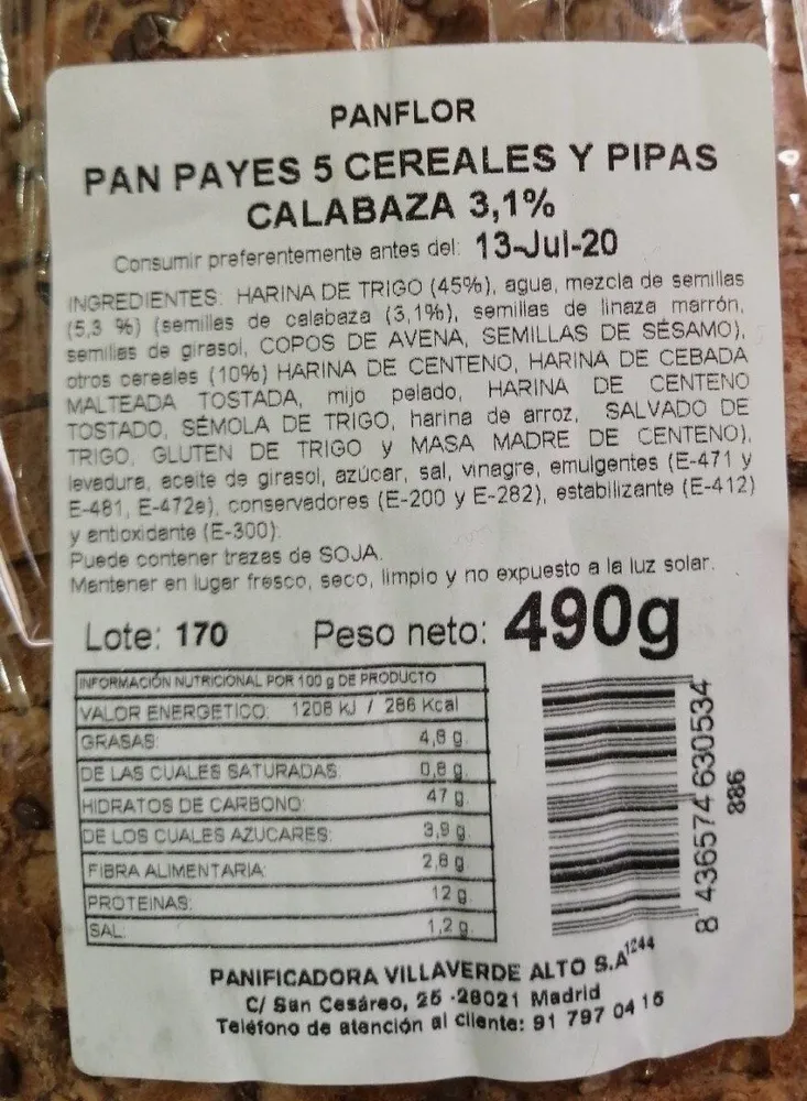 Pan payes 5 cereales y pipas calabaza