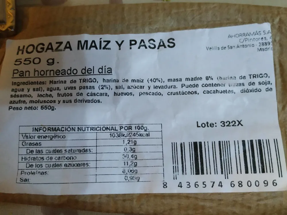 Hogaza maíz y pasas