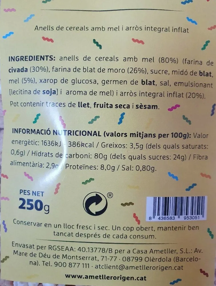 Anells de mel i arròs inflat