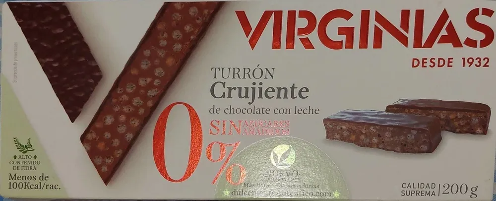 Virginias Turrón crujiente de chocolate con lechos sin azúcares añadidos
