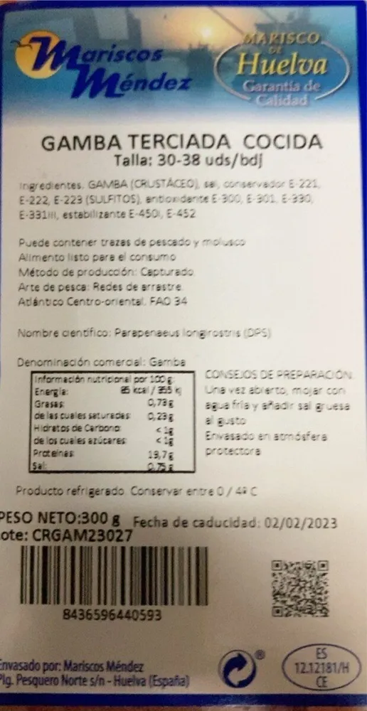 GAMBA TERCIADA COCIDA Talla: 30-38 uds/bdj