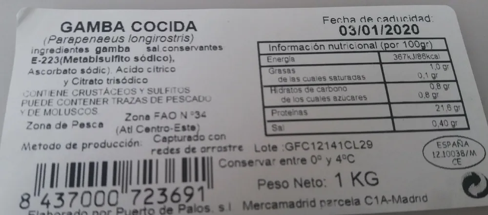 Gamba cocida elaborada FAO34