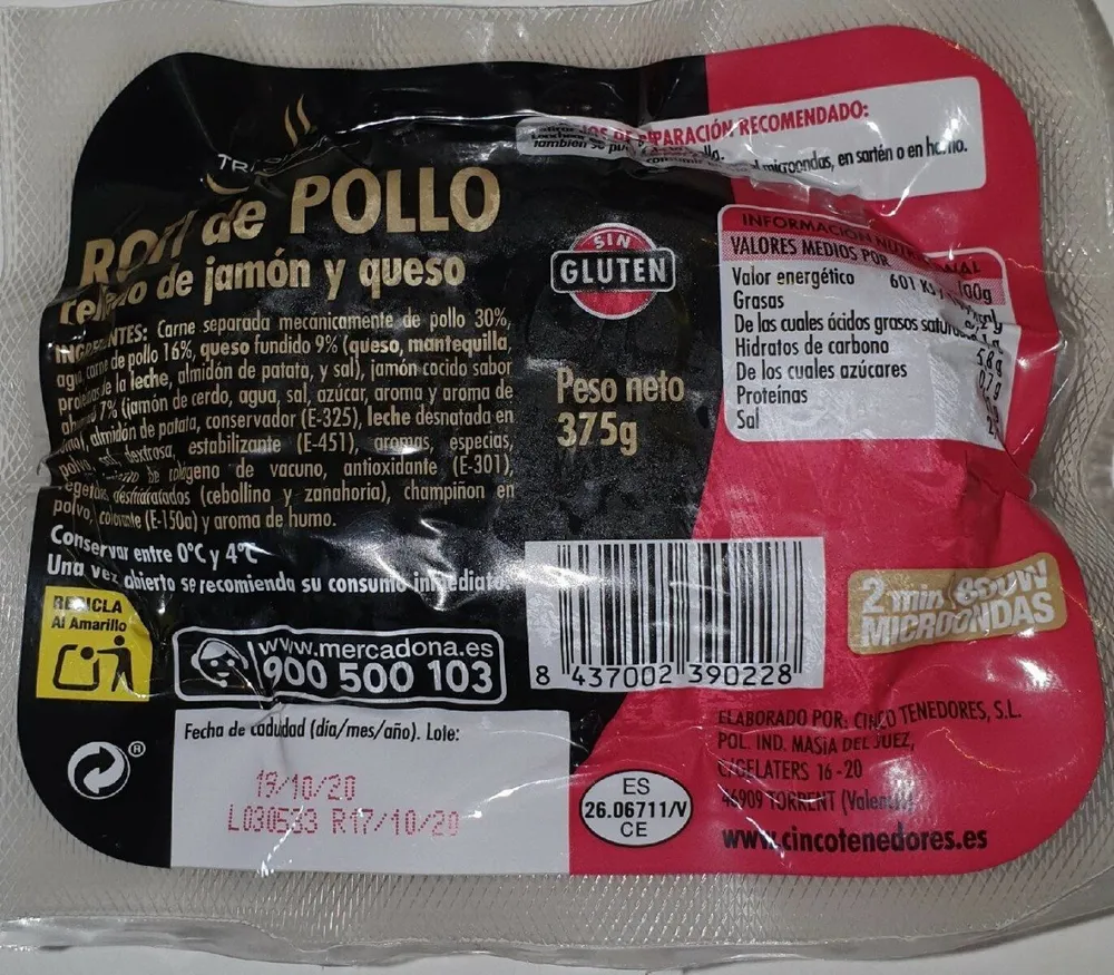 Roti de pollo relleno de jamón y queso