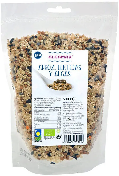 Arroz, lentejas y algas