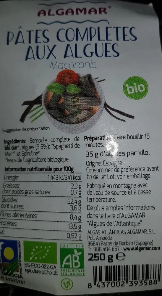 Pâtes complètes aux algues
