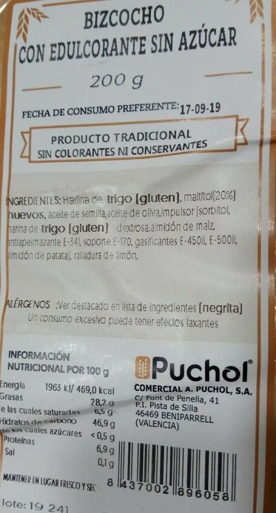 BIZCOCHO CON EDULCORANTE SIN AZUCAR