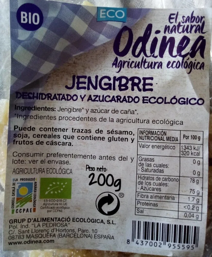 Jengibre deshidratado y azucarado ecológico