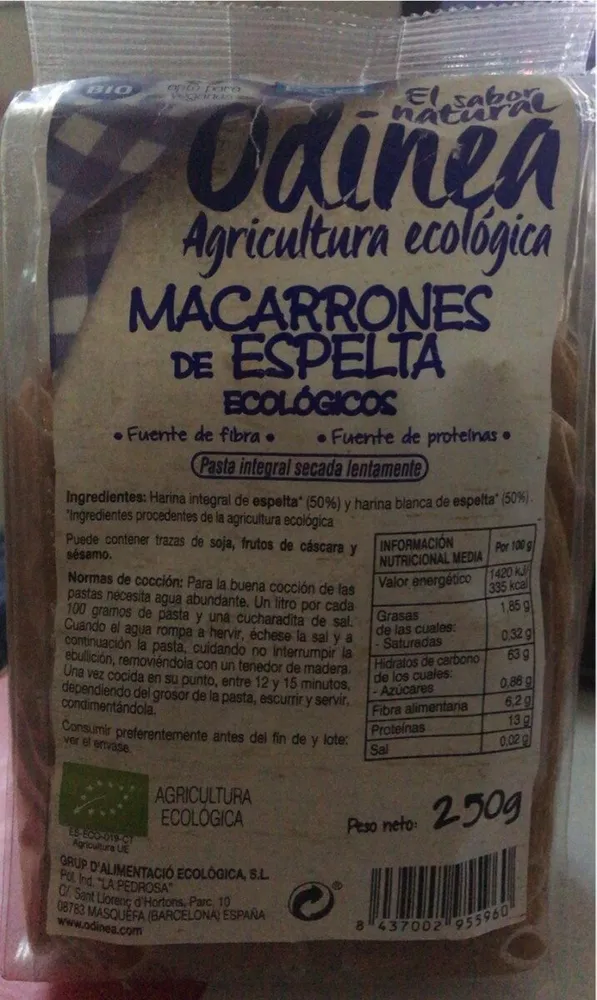 Macarrones de espelta ecológicos