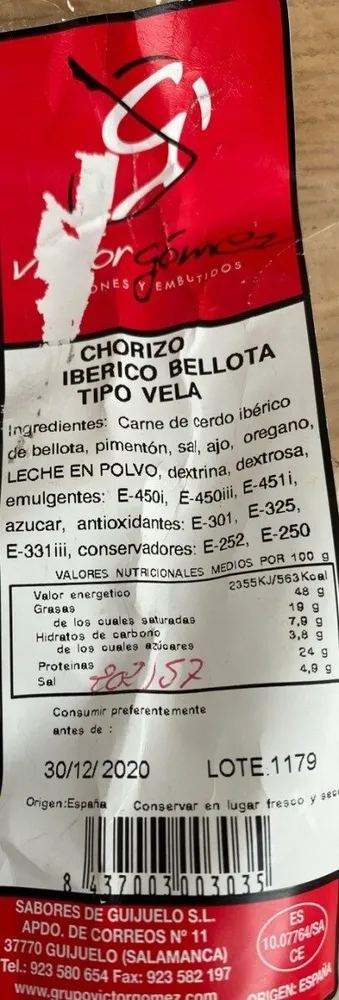 Chorizo ibérico bellota tipo vela