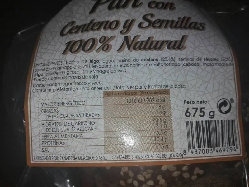 Pan con centeno y semillas 100% natural