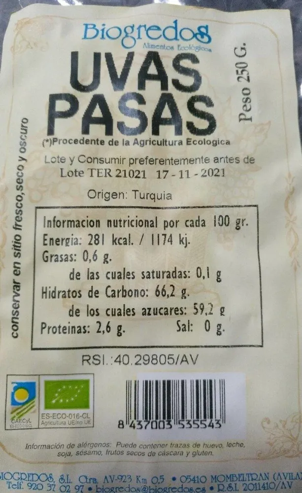 Uvas pasas biogredos