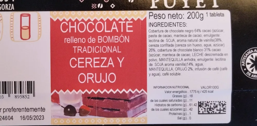 Chocolate relleno de bombón tradicional cereza y orujo