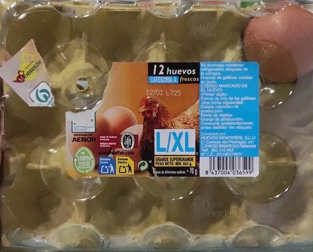 12 huevos categoría A frescos L/XL