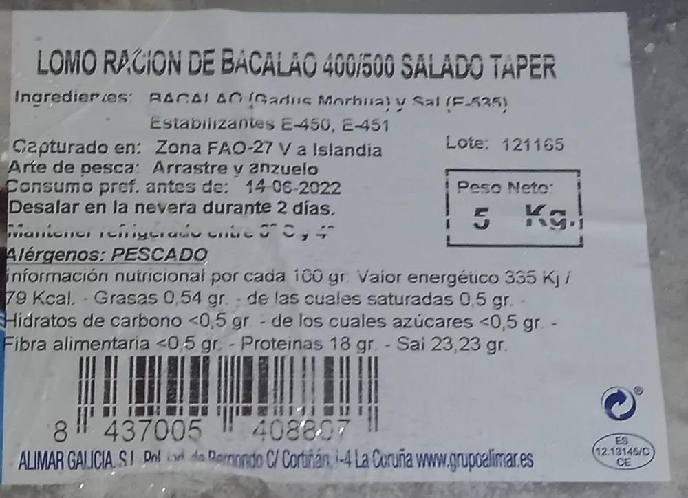 Bacalao lomo ración salado taper