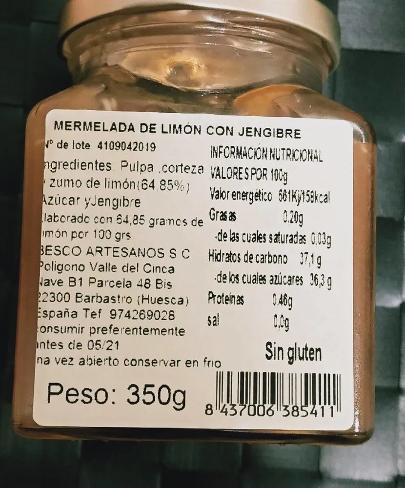 Mermelada limón con jengibre