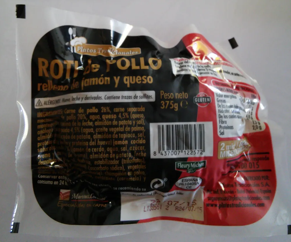 Roti de pollo relleno de jamon y queso