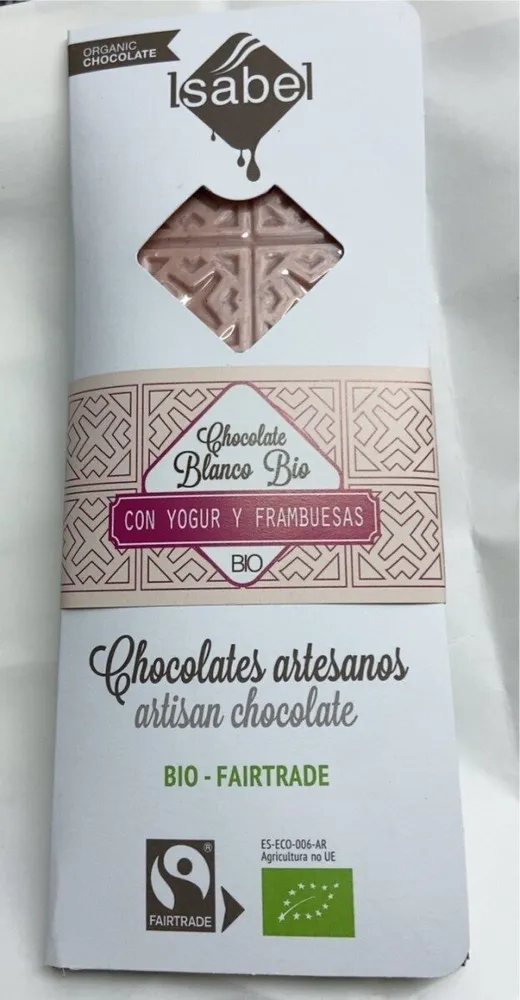 Chocolate blanco bio con yogurt y frambuesas