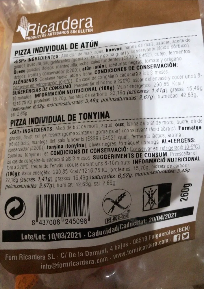 Pizza individual de Atún