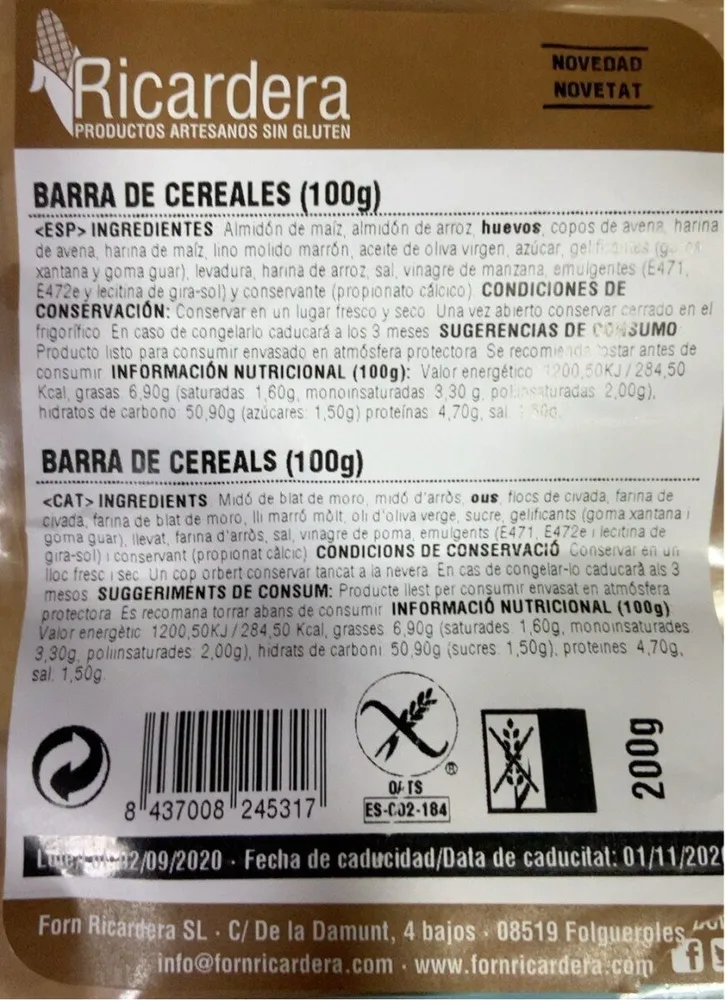 Barra de cereales sin gluten