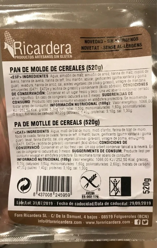 Pan de molde de cereales