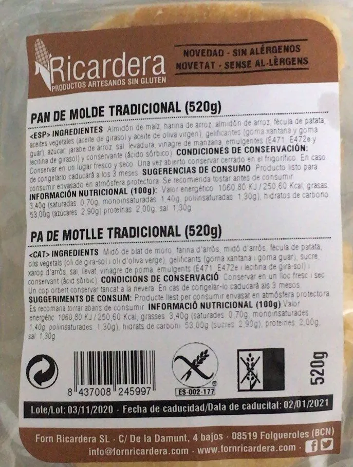 Pan de molde teadicional sin gluten