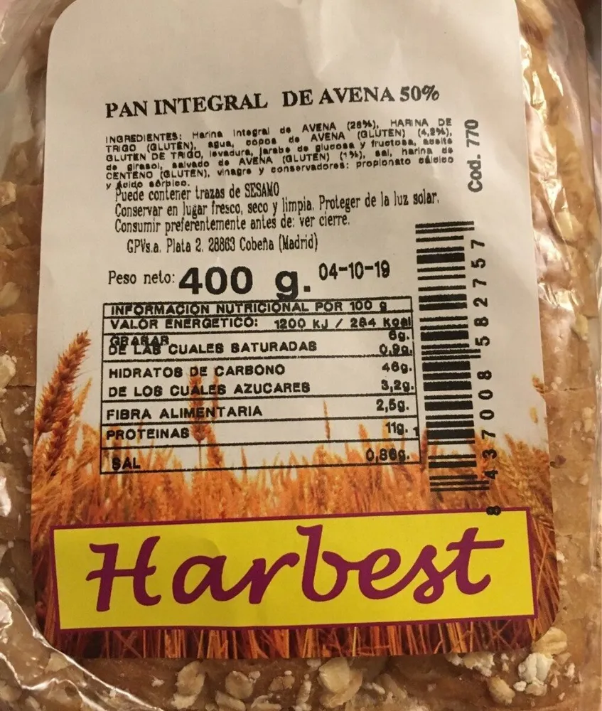 Pan integral de avena