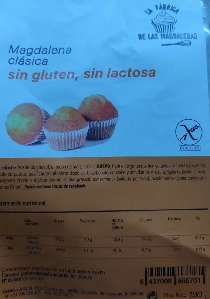 Magdalena clásica sin gluten,bsin lactosa