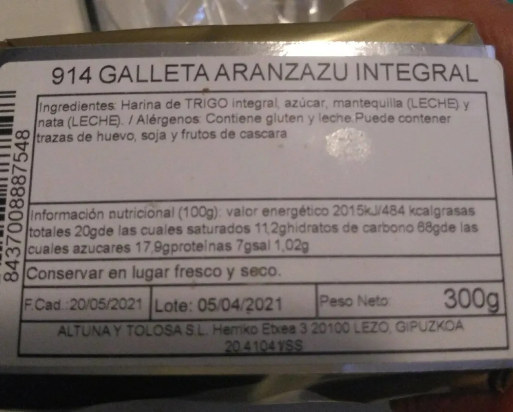 Galleta Aranzazu Integral