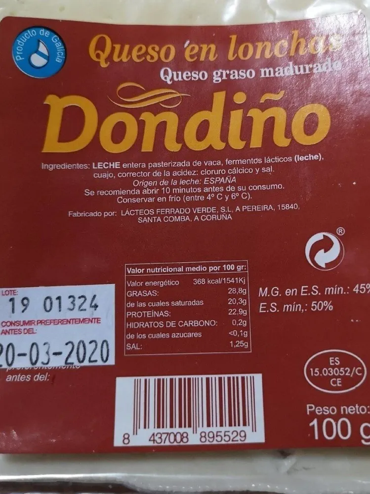 Queso en lonchas Dondiño