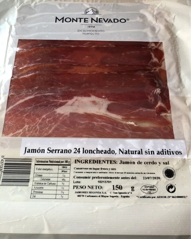 Jamón Serrano 24 loncheado,Natural sin aditivos