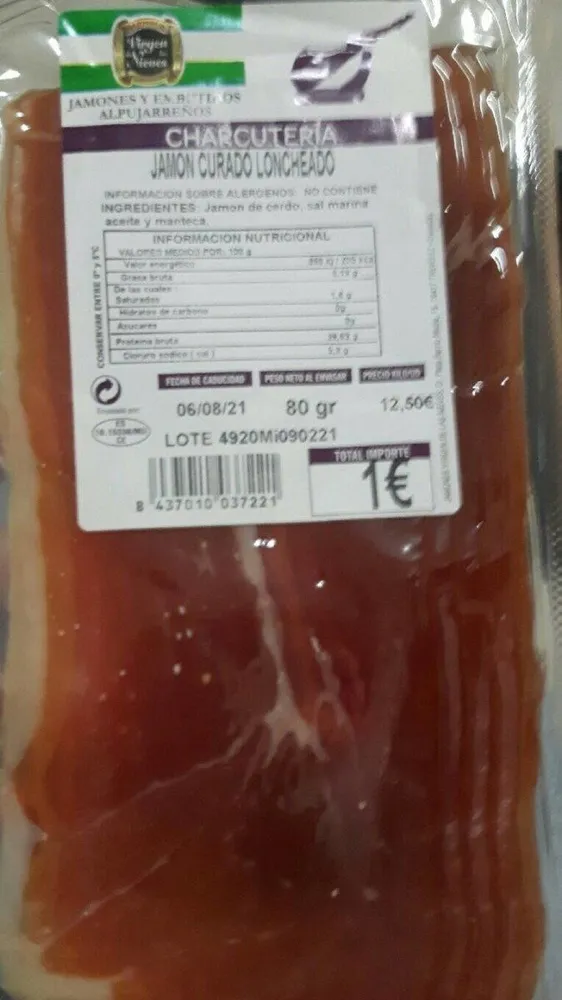 jamón curado loncheado