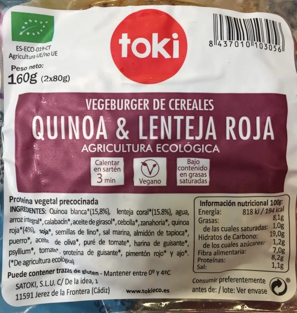 Vegeburger de cereales quinoa y lenteja roja