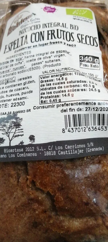 Bizcocho integral espelta con frutos secos bio