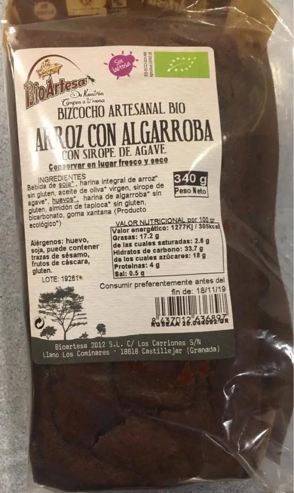 Bizcocho artesanal bio Arroz con Algarroba con siropé de ágave
