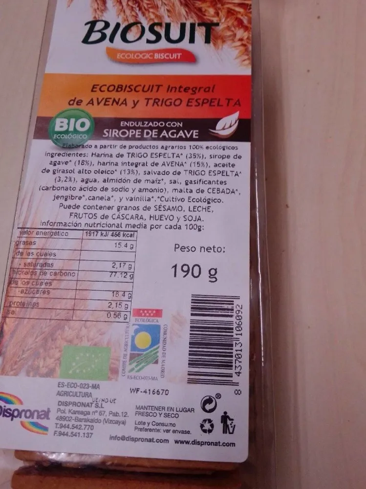 Ecobiscuit integral de avena y trigo espelta