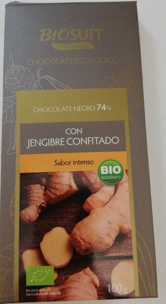 Chocolate negro 74% ecológico con jengibre confitado
