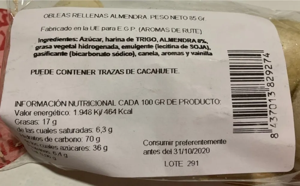 Obleas rellenas almendra