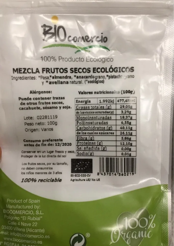 Mezcla frutos secos ecologicos con pasas