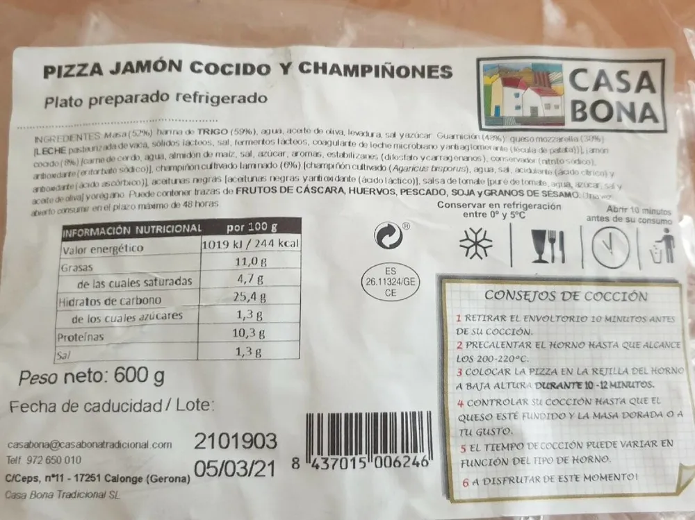Pizza jamón cocido y champiñones