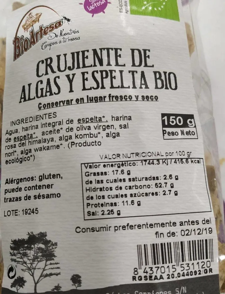 Crujiente de algas y espelta bio