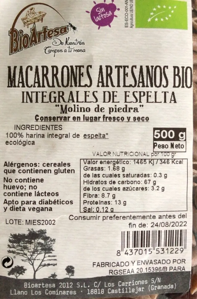 Macarrones artesanos bio integrales de espelta