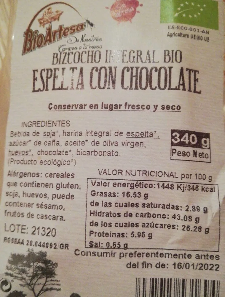 Bizcocho integral bio espelta con chocolate