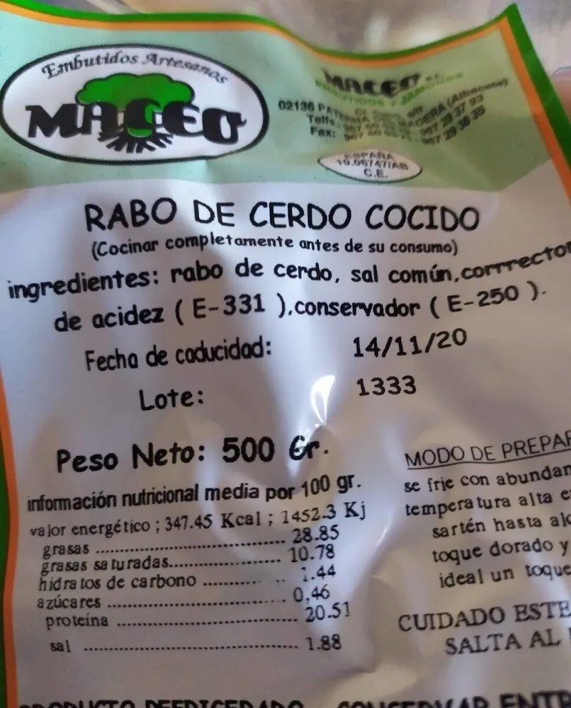 Rabo de Cerdo Cocido