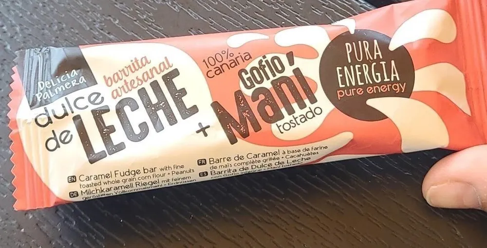 Barrita artesanal de dulce de leche y gofio maní tostado