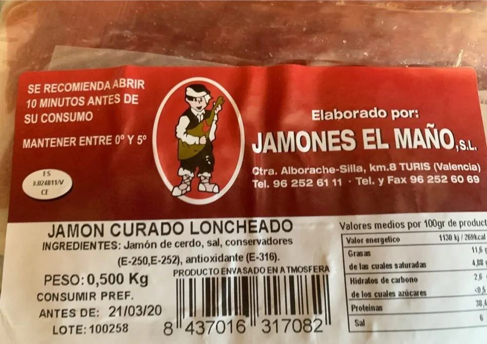 Jamón curado loncheado