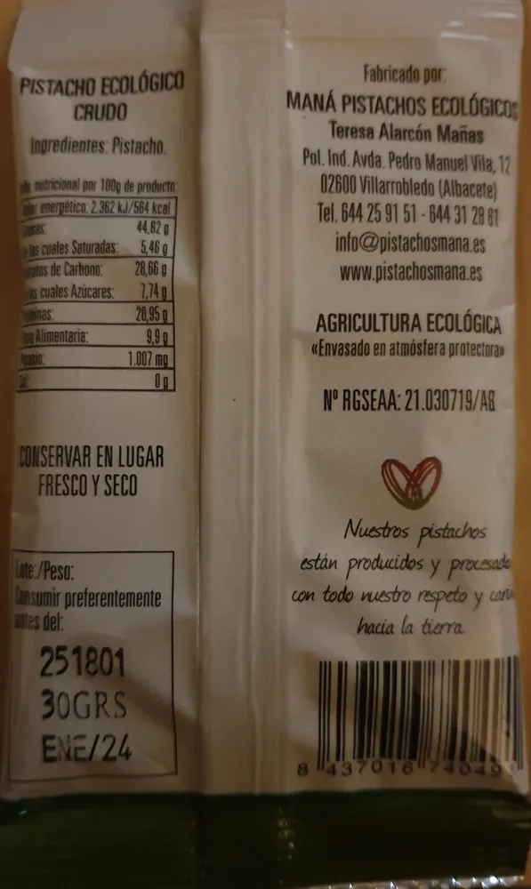 Pistacho ecológico tostado