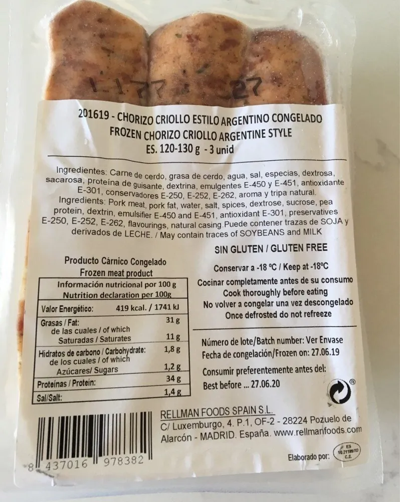 Frozen chorizo criollo argentine style