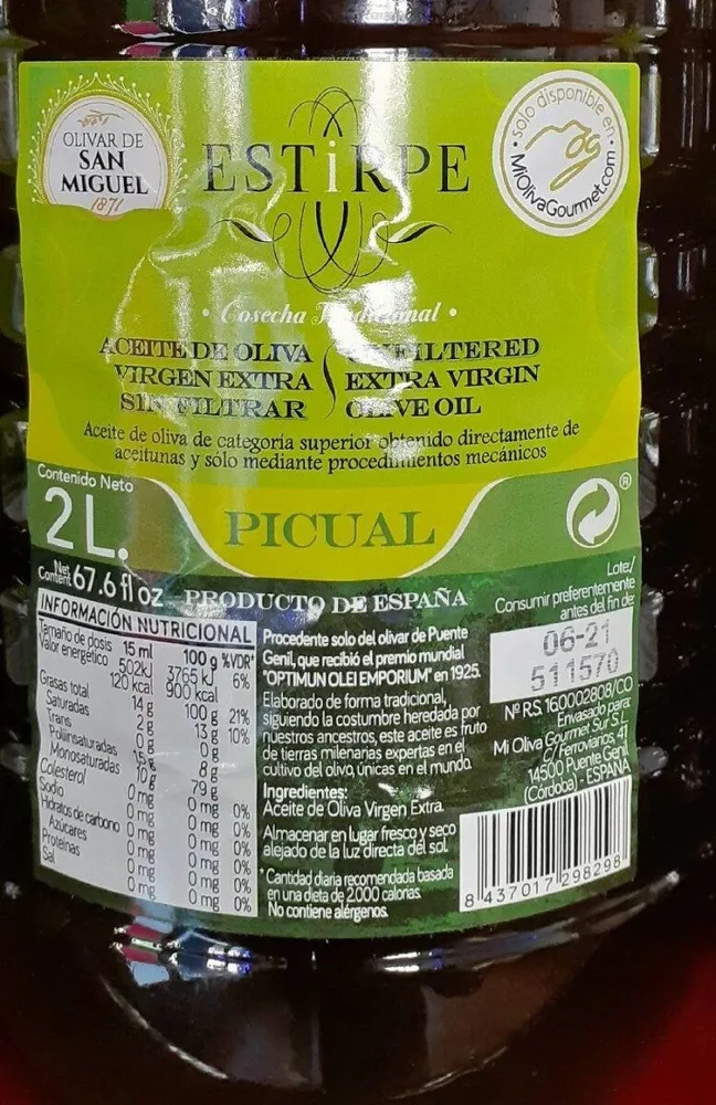 Aceite sin filtrar picual primera prensada 2 litros