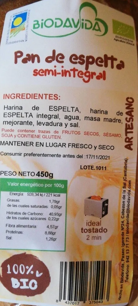 Pan de molde de espelta semi integral