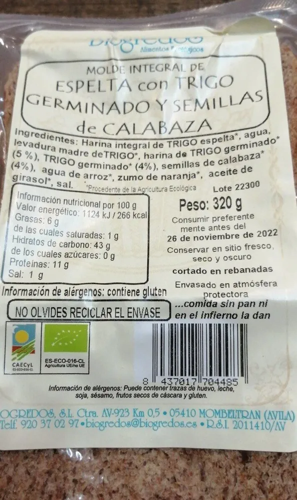 Molde integral de espelta con trigo germiando